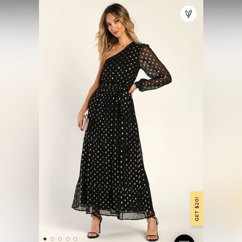 Lulu’s Radiant Energy Black and Gold Clip Dot One Shoulder Maxi Dress - S